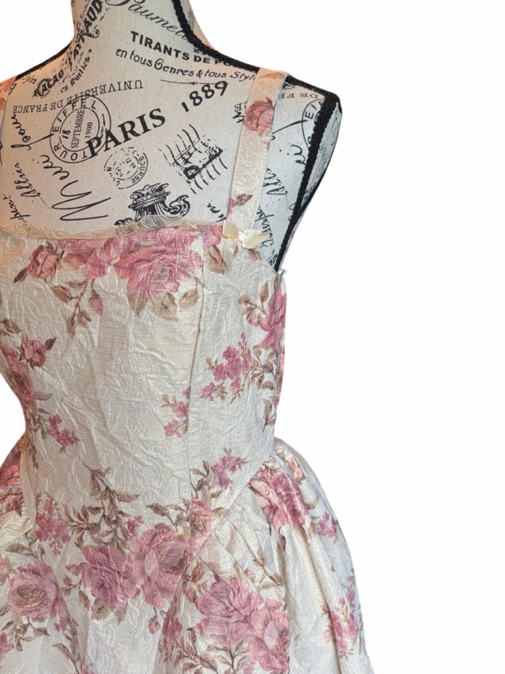 Francesca’s Amelia Floral Jacquard Mini Dress Small Fairycore Cottage Bow NWT - Picture 4 of 14